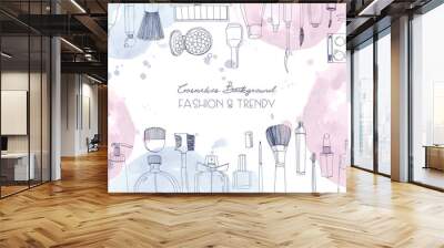 fashion cosmetics horizontal background with make up artist objects and watercolor spots. vector han Wall mural