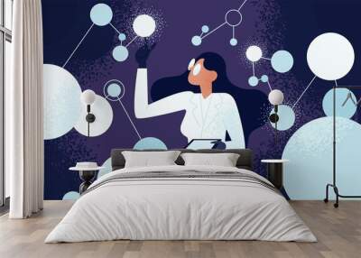 female scientist in lab coat checking artificial neurons connected into neural network. computationa Wall mural