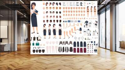 Female secretary or office assistant animation kit. Bundle of woman's body parts, gestures, postures, clothes isolated on white background. Front, side and back views. Cartoon vector illustration. Wall mural