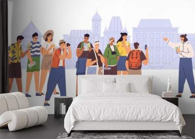 Female tour guide showing interesting places to group of tourist vector flat illustration. People admiring architecture cityscape isolated on white. Travel man and woman visit sightseeing of city Wall mural