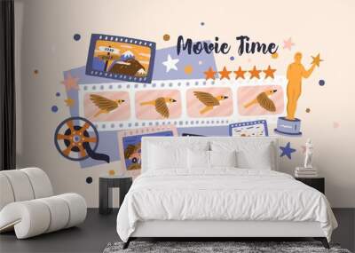 Filmstrips and cinema award for best festival film. Hollywood prize winners in cinematography industry. Video production, cine theater, and movie time concept. Colored flat vector illustration Wall mural