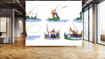 Fisherman fishing set. Fishers with rod, sport angler, net, bait from lake shore and on boat in river. People catching trophy fish. Flat graphic vector illustrations isolated on white background Wall mural