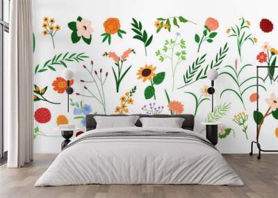 Floral design elements set. Field and garden flowers, wildflowers, leaf plants, branches. Delicate blossoms, blooms, herbs. Botanical natural flat vector illustrations isolated on white background Wall mural