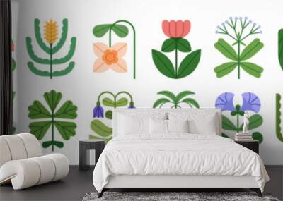 Flower icons set. Abstract floral design elements. Spring and summer blossoms, blooming plant branches, whimsical shapes. Modern botanical flat vector illustrations isolated on white background Wall mural