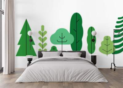 Forest, green trees in row, border decoration. Wood plants, simple stylized woodland panorama. Abstract woods flora decor in modern style. Flat vector illustration isolated on white background Wall mural