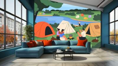 Forest camp scene with tents, river and campers around campfire. Summer landscape with people resting campsite outdoors. Tourists in wild nature, campground on holidays. Flat vector illustration Wall mural