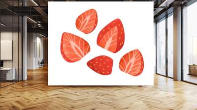 Fresh strawberry slices. Cute red berries pieces, halves. Sweet garden fruit with seeds. Healthy natural vitamin dessert food. Flat vector illustration isolated on white background Wall mural