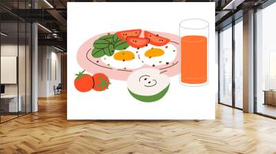 Fried eggs and vegetables, breakfast dish. Healthy food served on plate, glass of juice, tomato, piece of apple fruit. Home cooked morning meal. Flat vector illustration isolated on white background Wall mural