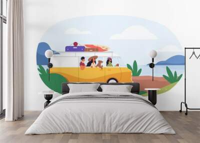 Friends and dog travel by car on summer holidays. People drive van, arriving to sea coast. Family in caravan at seaside. Flat vector illustration of travelers on vacation isolated on white background Wall mural