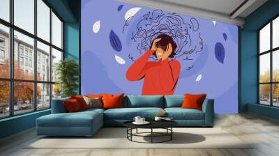 Frustrated woman with nervous problem feel anxiety and confusion of thoughts vector flat illustration. Mental disorder and chaos in consciousness. Girl with anxiety touch head surrounded by think Wall mural