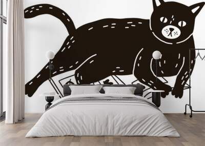 funny cat lying contour monochrome illustration Wall mural