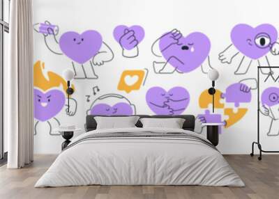 Funny heart characters set. Love symbols, concept signs. Cute design elements with happy and sad emotions, face expressions for Valentine's Day. Flat vector illustrations isolated on white background Wall mural