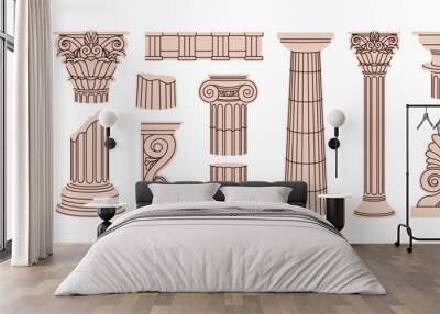 Greek antique architecture elements set. Ancient columns, Roman pillars and vintage constructions. Hand-drawn old classic architectural structures. Vector illustration isolated on white background Wall mural