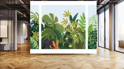 Green botanical cards set. Spring greenery, tropical nature, leaves, summer flowers, lush plants, eco square postcards. Floral backgrounds, thickets, garden, vegetation. Flat vector illustrations Wall mural