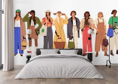 Group of fashion people in trendy outfits. Young stylish women wearing modern casual summer clothes and accessories. Colored flat graphic vector illustration of fashionable looks isolated on white Wall mural