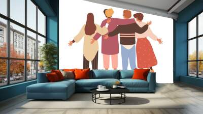 Group of men and women hugging and waving hands. Concept of friendship and team support. Friends or colleagues standing together. Flat vector cartoon isolated illustration on white Wall mural