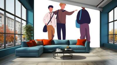 Group of teenage boys isolated on white background. Male students, pupils, classmates or school friends walking together and talking to each other. Colorful vector illustration in modern flat style. Wall mural