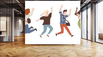 Group of young joyful laughing people jumping with raised hands isolated on white background. Happy positive young men and women rejoicing together. Colored vector illustration in flat cartoon style. Wall mural