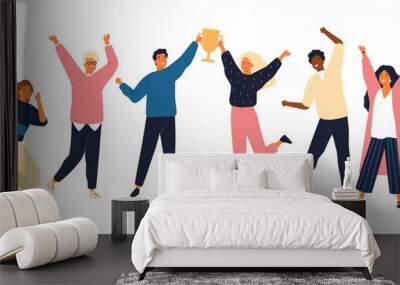 Group of young joyful people with champion cup isolated on white background. Happy positive men and women celebrating victory and rejoicing together. Successful teamwork. Flat vector illustration. Wall mural