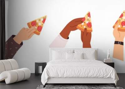 Hand holding, taking triangle pizza slices set. Italian fast food, cut snack pieces. Salami sausage and cheese fastfood eating, top view. Flat graphic vector illustrations isolated on white background Wall mural