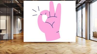 Hand showing OK gesture, accepting, approving, agreeing to smth. Okay fingers sign icon. Good great positive signal of satisfaction. Colored flat vector illustration isolated on white background Wall mural