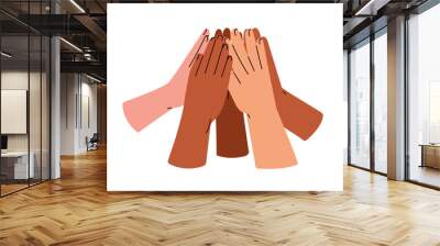 Hands group giving high five, celebrating, greeting with hi gesture together. Team, friends arms up, community celebration. Concept flat graphic vector illustration isolated on white background Wall mural