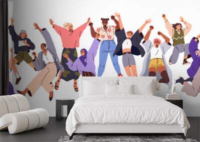 Happy active girls jumping. Young energetic women group together. Female characters team celebrating success with fun, joy, positive energy. Flat vector illustration isolated on white background Wall mural