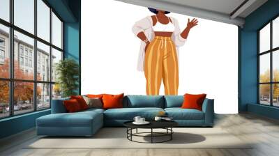 Happy black woman greeting, hi gesture. African girl in fashion clothes, summer apparel in trendy style. Young female in stylish casual outfit. Flat vector illustration isolated on white background Wall mural