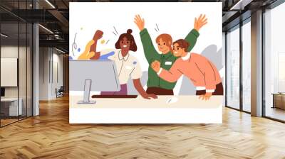 Happy business team, colleagues rejoicing success, achievement, victory, progress at work together. Good successful teamwork concept. Flat graphic vector illustration isolated on white background Wall mural