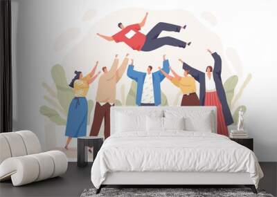 Happy cartoon people toss up person celebrating success vector flat illustration. Group of positive friends celebrate victory achievement together isolated on white. Joyful team congratulation male. Wall mural