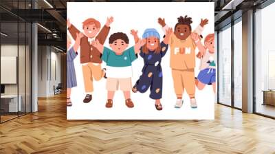 Happy children group. Cute diverse cheerful kids celebrating with hands up. Joyful excited kindergarten friends, little girls and boys. Flat graphic vector illustration isolated on white background Wall mural