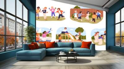 Happy children playing outside. Kids friends, girls and boys during active games, fun, activities, entertainments outdoors at childs playground. Flat vector illustrations isolated on white background Wall mural