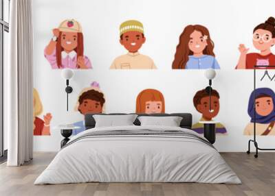 Happy children set. Cute smiling kids. Multiethnic child characters. Diverse different preschool and elementary school boys and girls. Flat graphic vector illustrations isolated on white background Wall mural