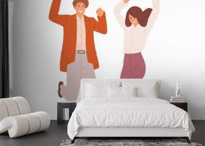 Happy couple of young man and woman dancing and jumping from joy. People celebrating success. Successful students or office workers. Colored flat vector illustration isolated on white background Wall mural