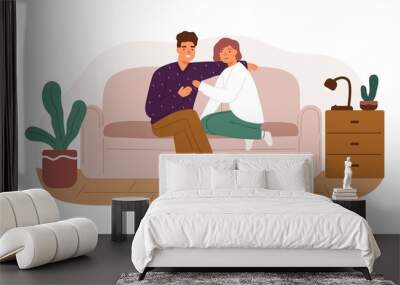 Happy couple smiling and talking sitting on couch at living room vector flat illustration. Joyful man and woman relaxing spending time together at home isolated on white. Young family enjoy weekend Wall mural