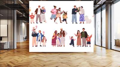 Happy diverse families set. Traditional heterosexual parents with kids. Father, mother and child, different ethnicity. Mom, dad, children. Flat vector illustration isolated on white background Wall mural