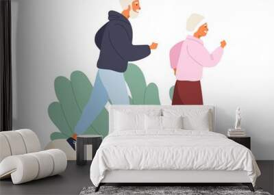 Happy elderly couple running at summer park vector flat illustration. Mature man and woman in sportswear having physical activity isolated on white. Jogger pair practicing outdoor sport together Wall mural