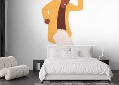 Happy energetic black-skinned man expressing joy by jumping and dancing. Winner celebrating success, achievement and victory. Colored flat vector illustration isolated on white background Wall mural