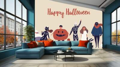 Happy halloween flat banner vector template. Children in spooky outfits cartoon characters. Autumn holiday congratulation. Kids in spider, ghost, mummy and witch costumes illustration with typography. Wall mural