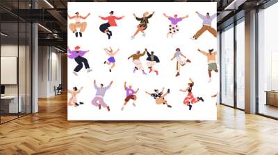 Happy joyful jumping characters set. Active energetic cheerful people celebrating success, victory. Young emotional men, women triumph. Flat graphic vector illustrations isolated on white background Wall mural