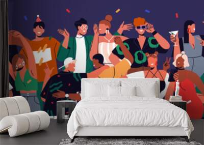 Happy people crowd at holiday party. Friends dancing, having fun together. Young men and women characters group, youth celebrating event with joy. Nightlife concept. Colored flat vector illustration Wall mural