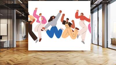 Happy people group celebrating holiday, success with fun and joy. Smiling characters team jumping up together. Victory and triumph expression. Flat vector illustration isolated on white background Wall mural