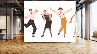 Happy people in retro-styled clothes dancing to funny music at Gatsby party of 20s. Set of stylish cheerful Broadway dancers of 1920s. Colored flat vector illustration isolated on white background Wall mural