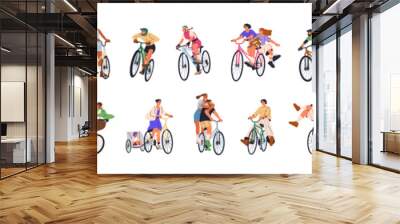 Happy people riding bicycles set. Active cyclists on bikes. Young excited smiling bicyclists cycling. Men, women and kids in helmets, pedaling. Flat vector illustration isolated on white background Wall mural