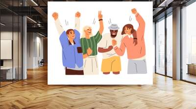 Happy team, young people celebrate business victory, work success with joy, fun. Colleagues winners rejoicing, exulting together with hands up. Flat vector illustration isolated on white background Wall mural