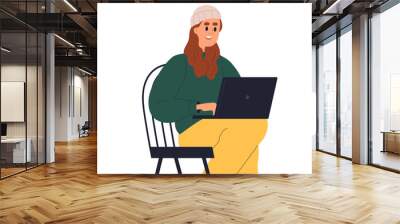 Happy woman works at laptop. Creative young freelancer sitting on chair with computer on knees. Inspired excited freelance worker working online. Flat vector illustration isolated on white background Wall mural