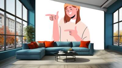 Happy young girl pointing with index fingers sign, hand gesture. Excited smiling woman choosing, showing, selecting, advertising best option. Flat vector illustration isolated on white background Wall mural