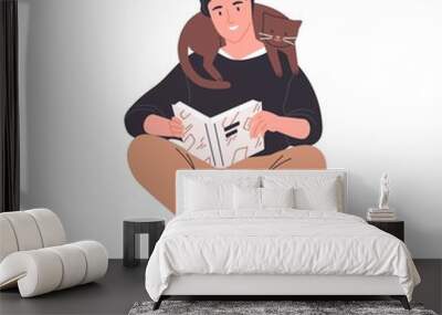 Happy young man reading book sitting with his legs crossed. Cute guy with cat over neck isolated on white background. Male reader enjoying literature or preparing for exam. Flat vector illustration. Wall mural