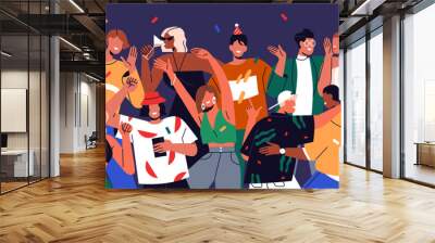 Happy young people at party, celebrating, dancing together. Friends crowd at fun celebration, holiday hangout at disco. Joyful excited men, women group at night discotheque. Flat vector illustration Wall mural