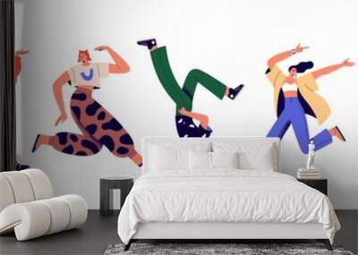 Happy young people jumping for fun and joy. Modern excited men and women in motion, different free poses. Active carefree characters set. Flat vector illustrations isolated on white background Wall mural